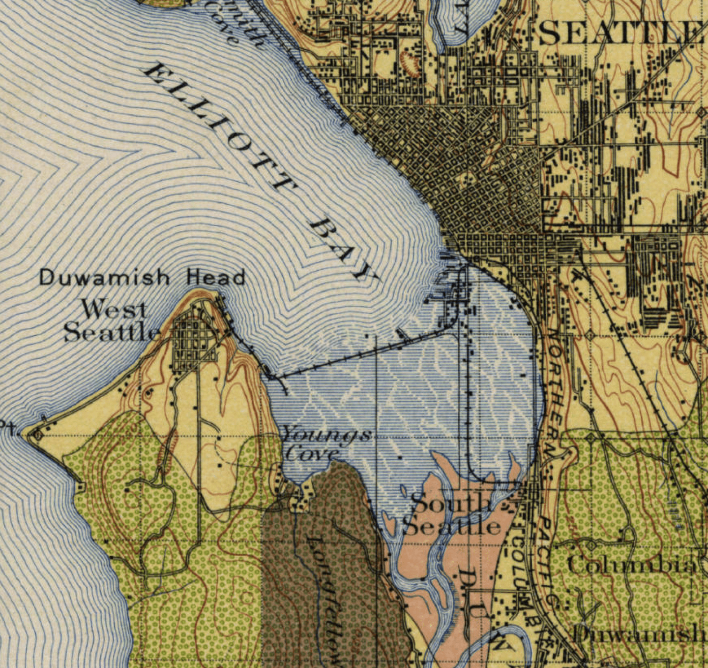 A map of the Seattle shoreline from 1897 per USGS