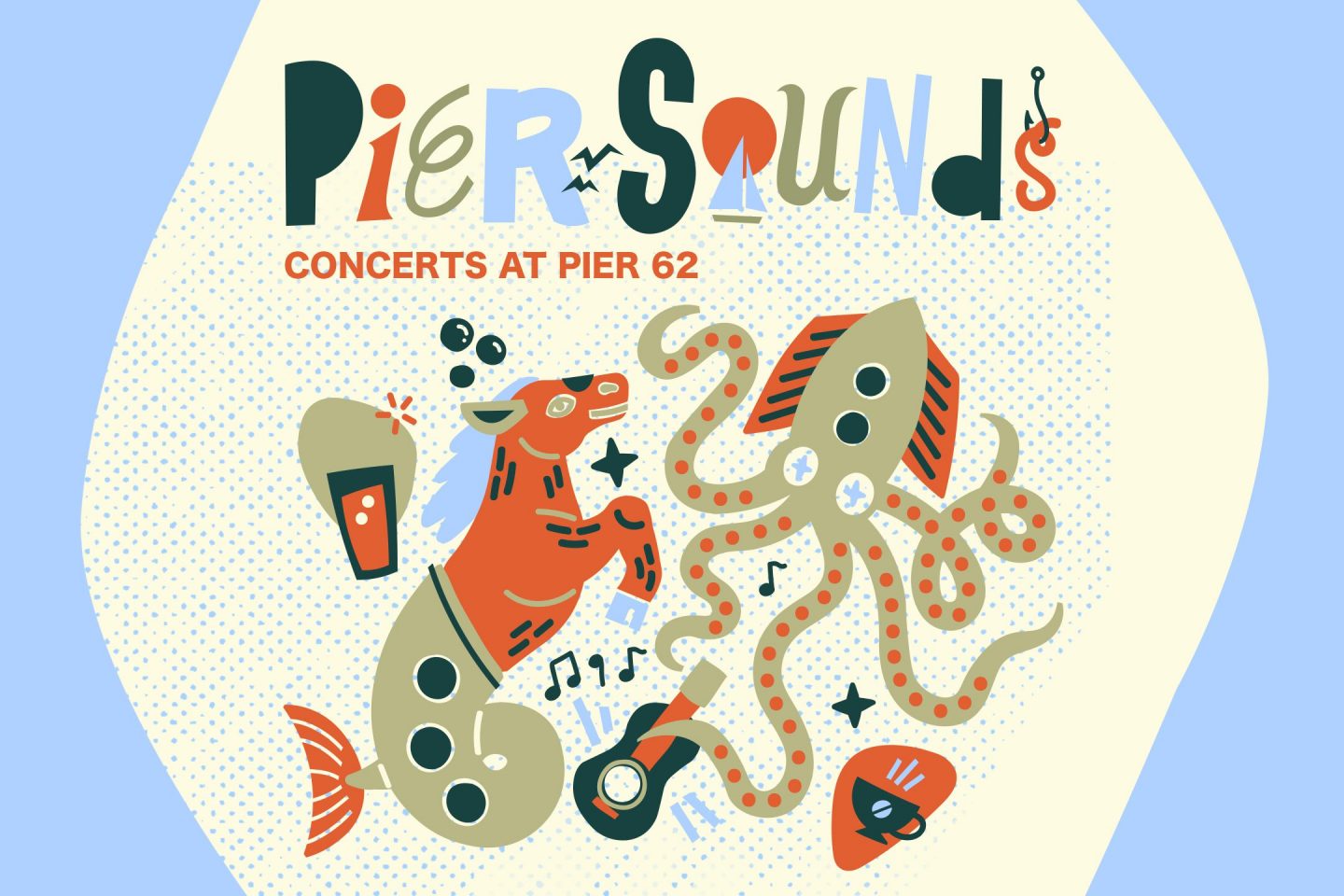 Pier Sounds: concerts at Pier 62. This colorful illustration shoes a fanciful seahorse and octopus surrounded by a guitar, a bubbly drink, and cup of coffee. The octopus is playing the guitar! All are surrounded by a light periwinkle framing. Art illustration source by Stevie Shao, design arrangement by Effective Design.