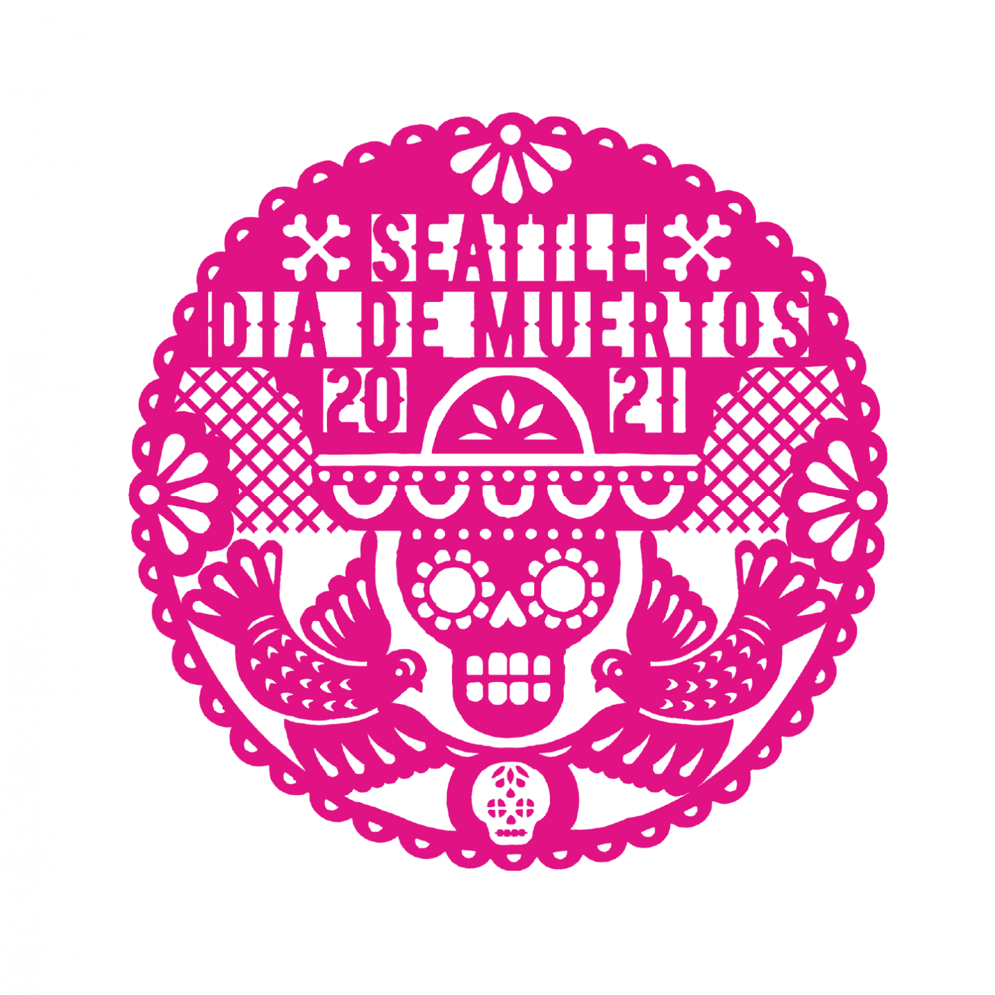 Dia de muertos 2021 - this logo is circular and pink, mimicing a papercut decoration, two skulls and two birds are also visible in the pattern.