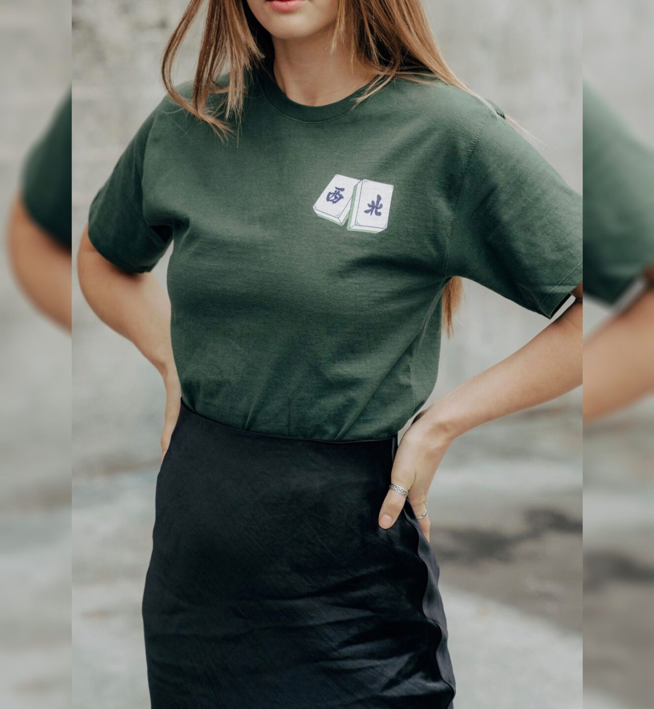 PRSVRNC shirt - a green t-shirt with two mahjong tiles that read 