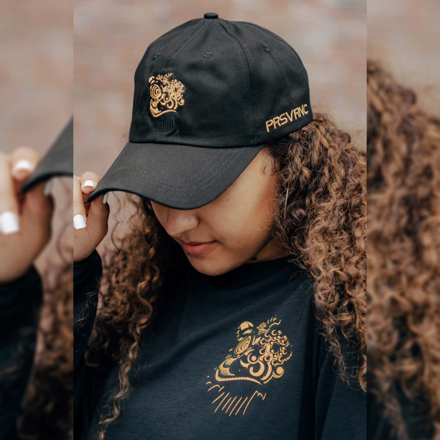 PRSVRNC - a black hat and black long-sleeved shirt, both with a gold lion and PRSVRNC lettering.