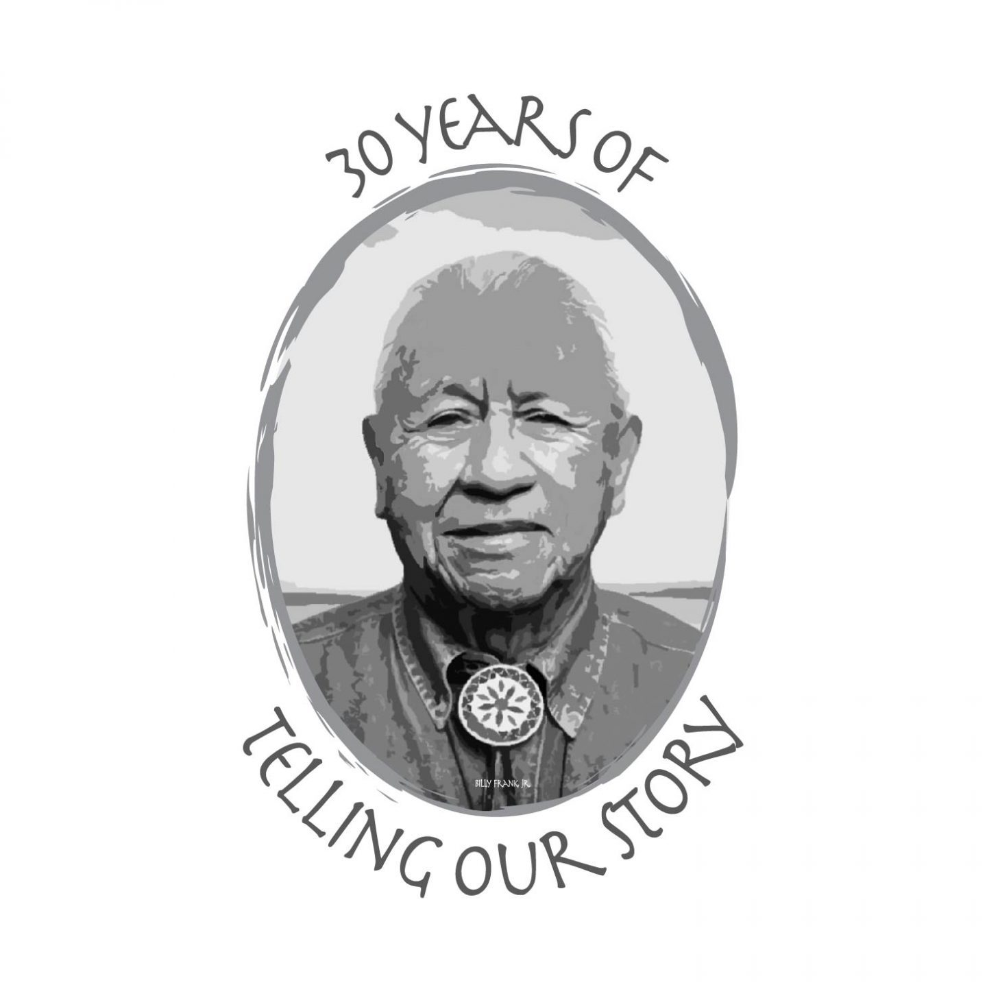 30 Years of Telling Our Story - the image shows a stylized picture of an older indigenous man in grayscale