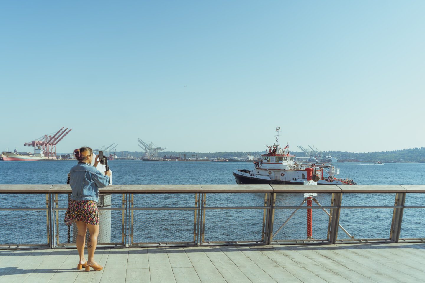 A woman with a camera looks out at Elliott Bay from Pier 62. A ship can be seen on the water against a blue sky and the Olympic mountain range. Photo by Jo Cosme.