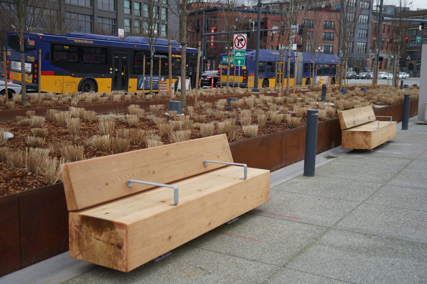 Two wooden park benches lined up against new planters at the Park Promenade. A King County Metro bus can be seen in the background.