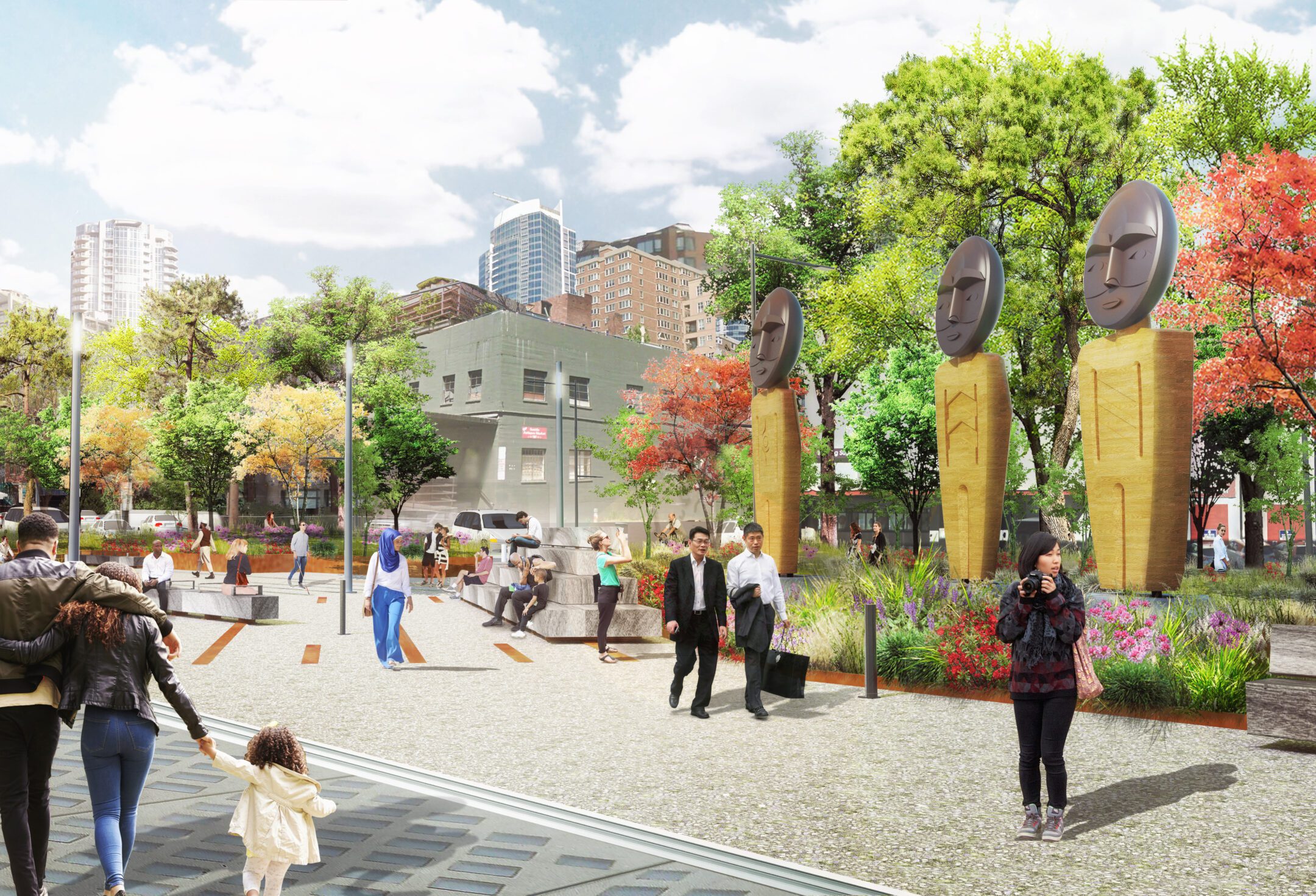 A rendering of the Park Promenade, by Union Street, featuring artwork and pedestrians strolling through the space.