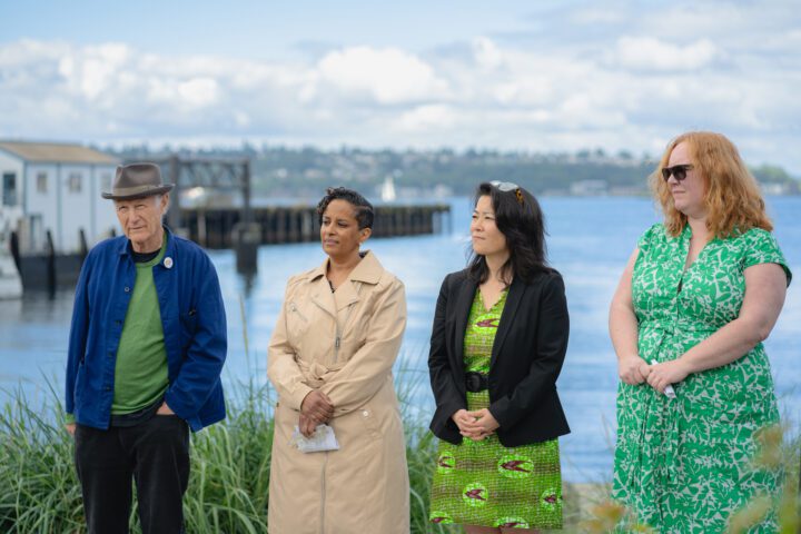 From Left to Right: Artist Buster Simpson, Deputy Mayor Adiam Emery, Friends CEO & President Joy Shigaki, and Alliance for Pioneer Square Executive Director Lisa Howard standing side by side.