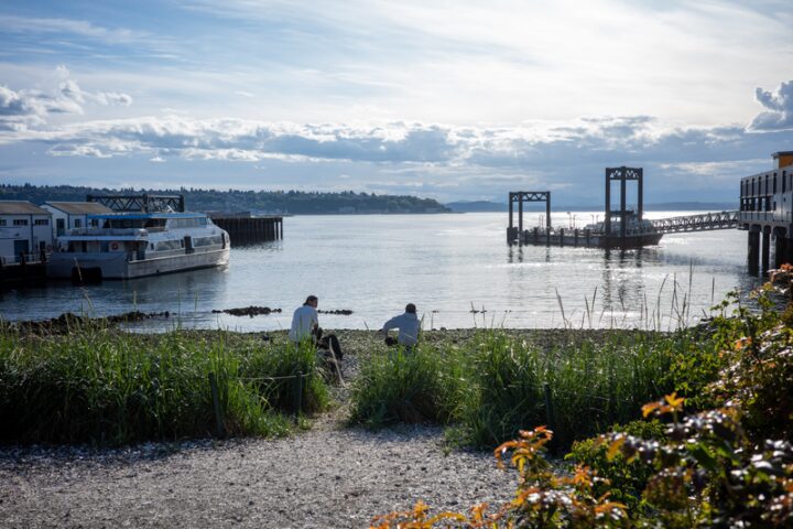 Image of a beach with rocks and greenery in foreground. Orange flowers on the right in foreground. Two people sit on logs near the water. Water, clouds, and distant land in the background.