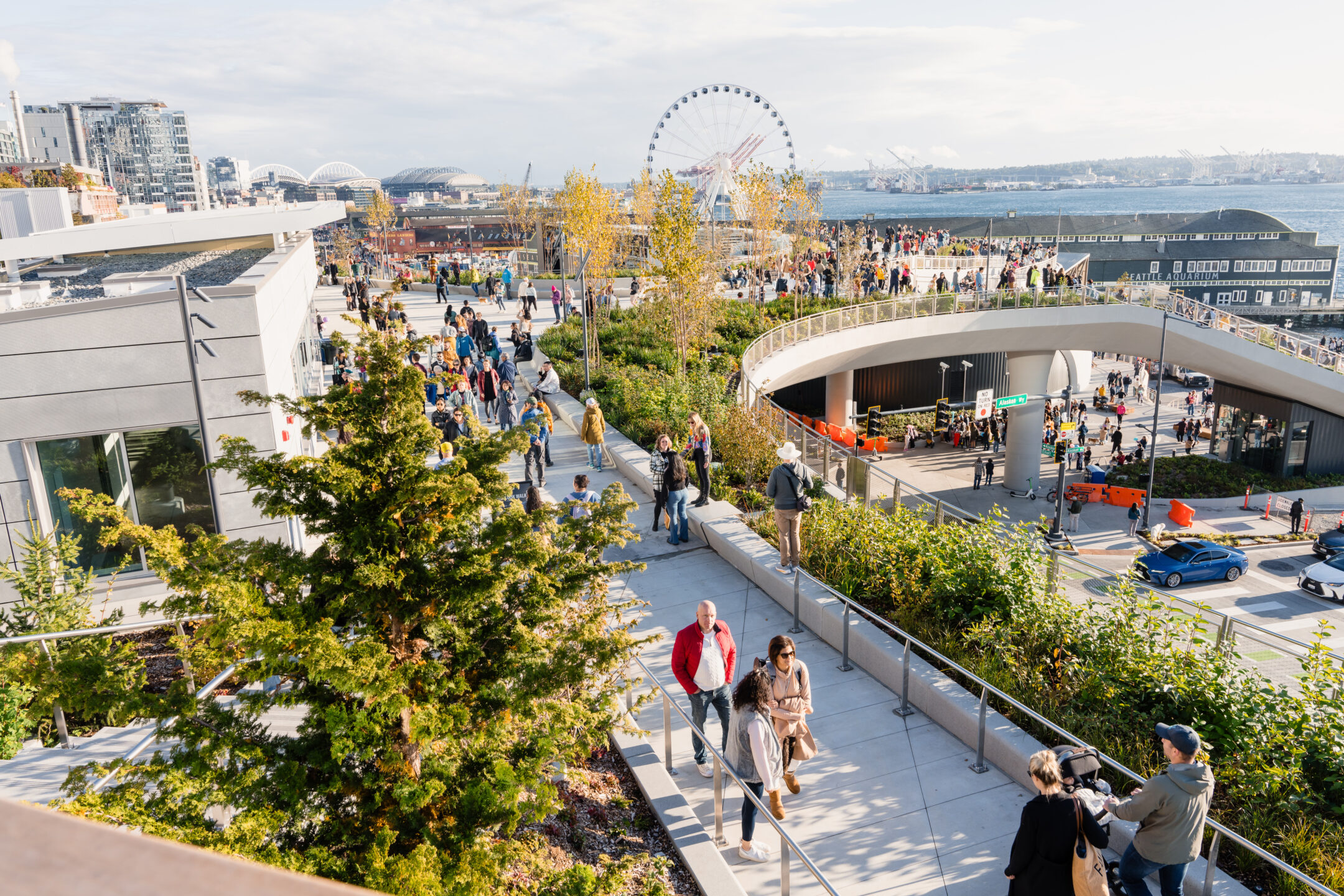 Overlook Walk in Seattle offers an elevated pedestrian pathway with views of iconic landmarks like the Great Wheel. Opened in 2024, it provides a scenic, green space for locals and tourists alike.