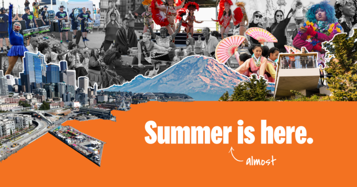 Collage-style image showcasing diverse community events and performances at Seattle's Waterfront Park, including dancers, drummers, drag performers, and families, set against the city skyline and Mount Rainier. Text reads: 'Welcome to your Waterfront Park. We curated this with you in mind.' Friends of Waterfront Park logo appears in the bottom left corner.