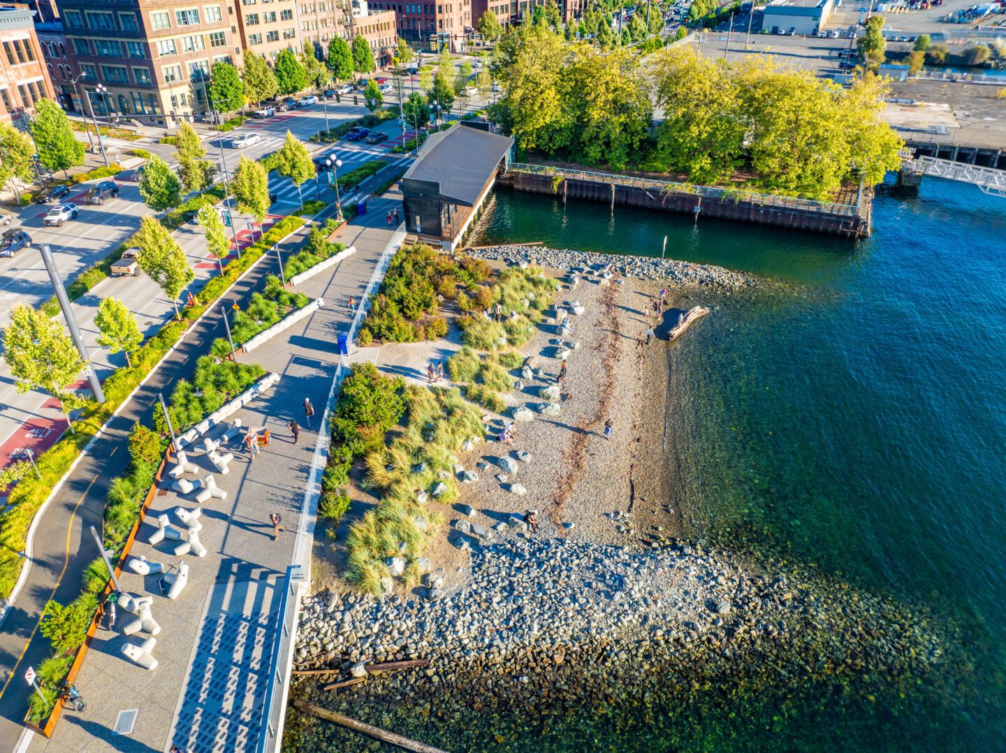 Aerial photo of Pioneer Square Habitat Beach with surrounding grenery and rocky beach access.