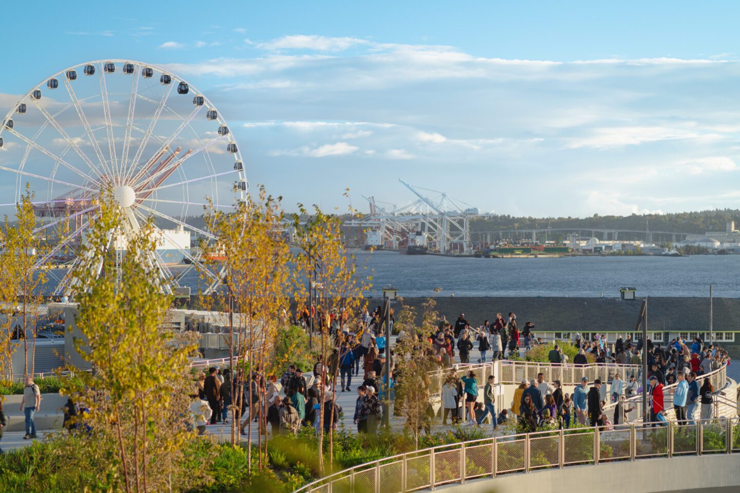A vibrant crowd walks along the landscaped paths of Overlook Walk at Seattle’s Waterfront Park on a sunny day.