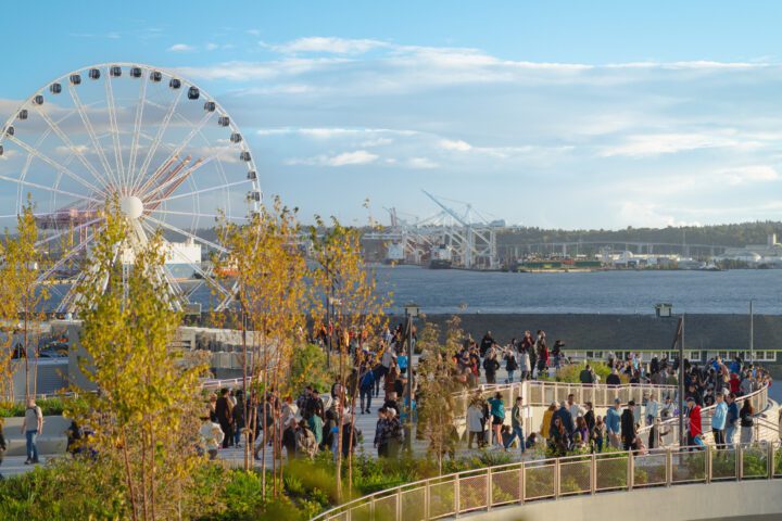 A vibrant crowd walks along the landscaped paths of Overlook Walk at Seattle’s Waterfront Park on a sunny day.