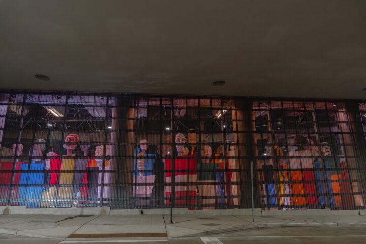 A view of Ann Hamilton’s Guests under Overlook Walk from across the street.