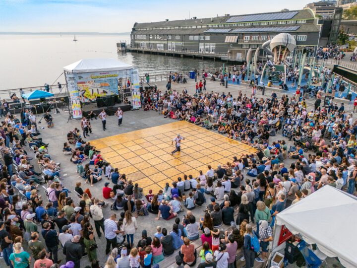 Aerial of crowds gathered around dance floor at Pier 58.