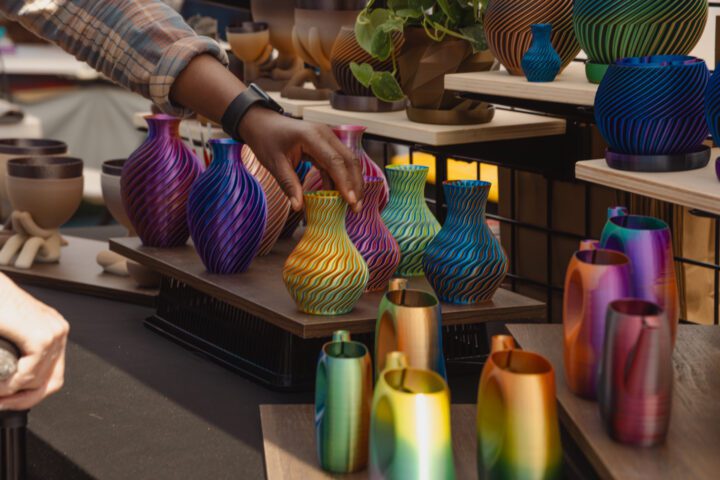 A vendor arranges colorful, iridescent vases on a display table at Waterfront Park Market.