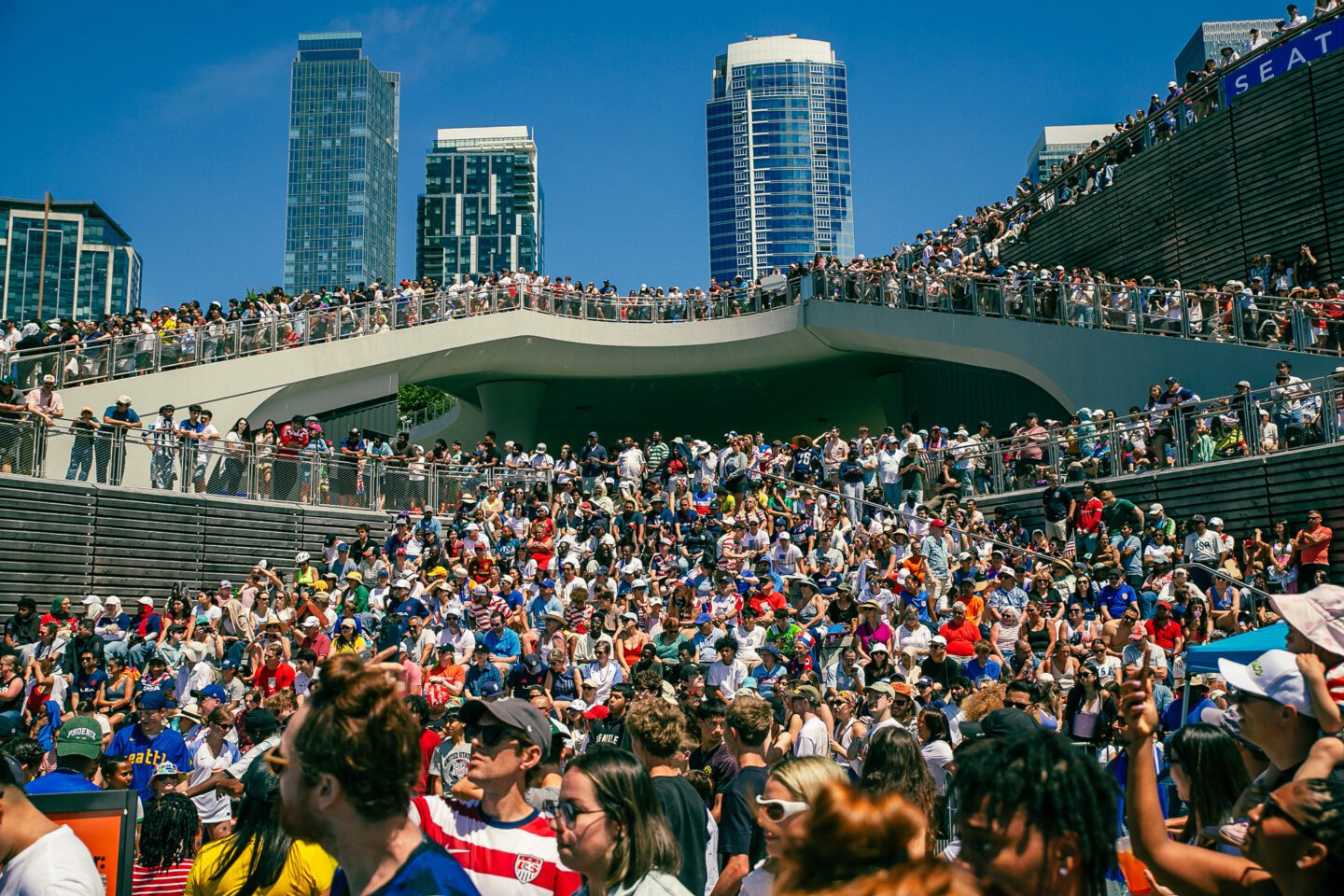 Crowds at the Salish Steps watching soccer matches.