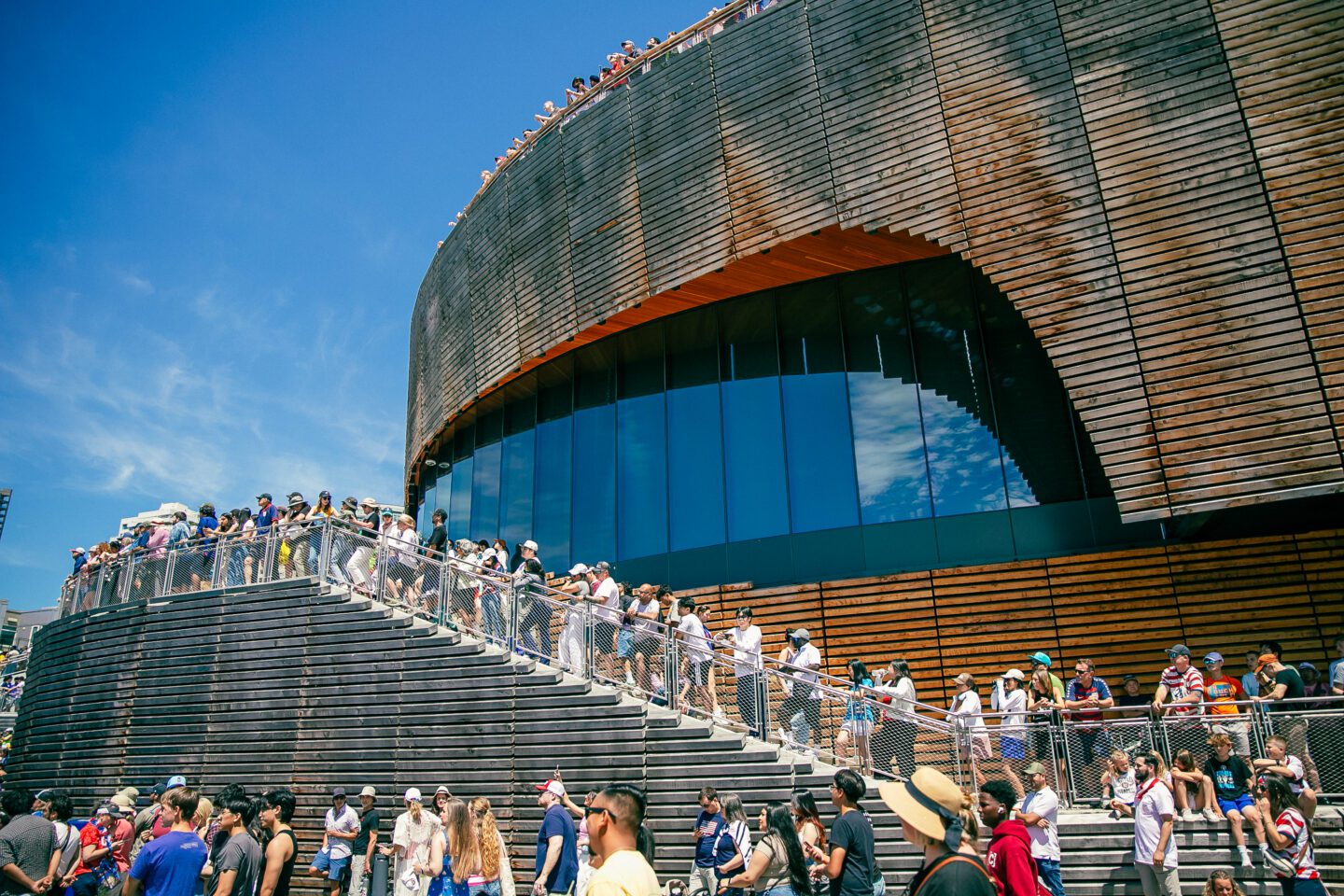 Crowds of people standing on the stairs of Overlook Walk.