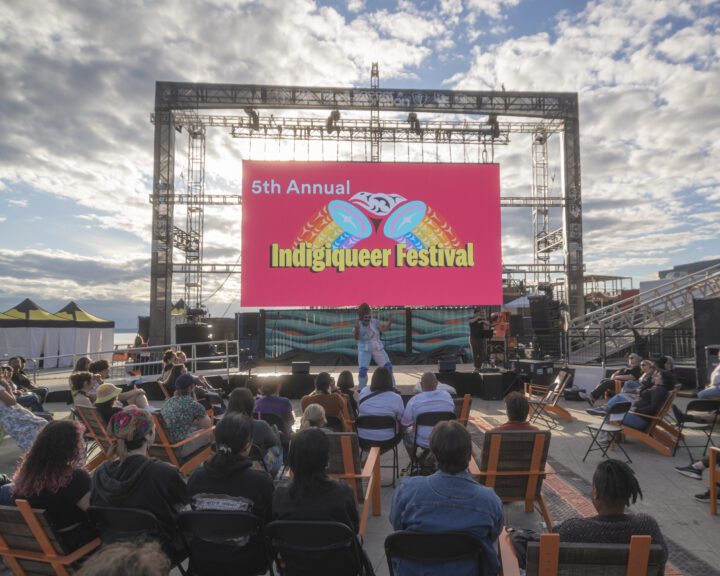 A crowd of people watching a performer with a large screen with a pink background and text that reads Indigiqueer Festival.