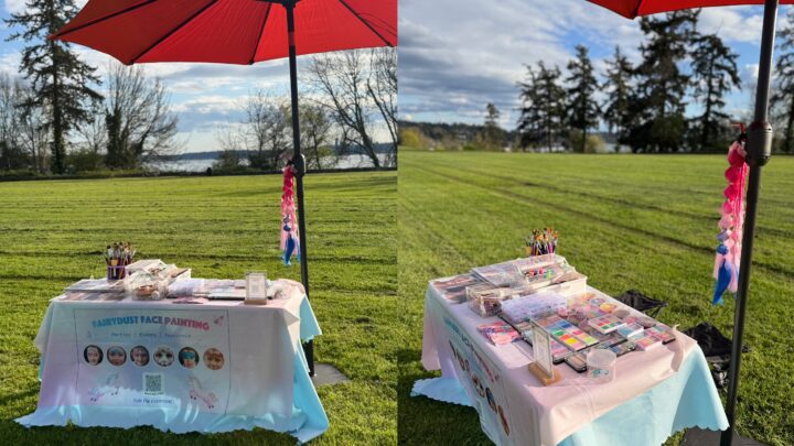 Two photos of a table with face painting materials at an outdoor grassy park.